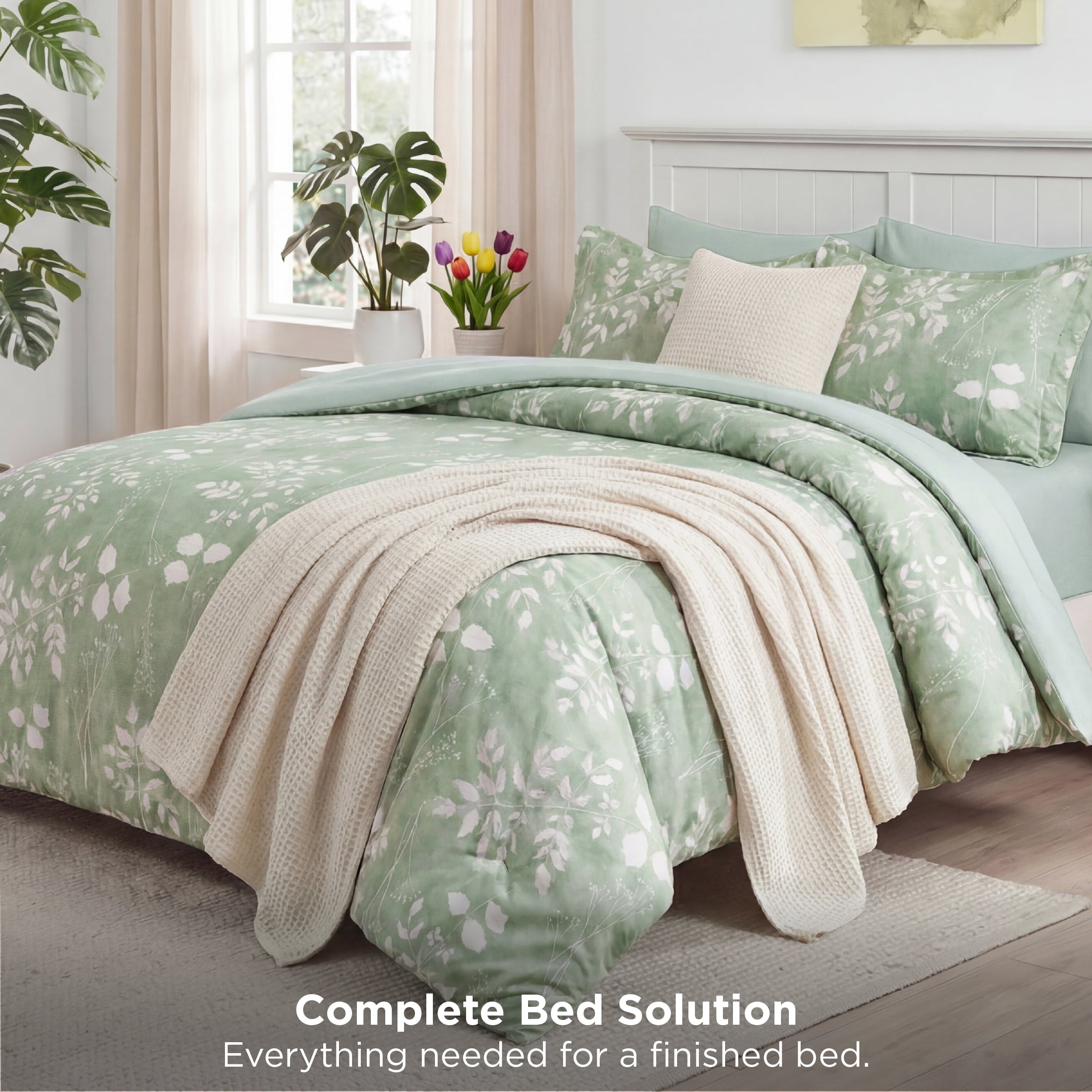 All-Season Queen Comforter Set Sage Green, Bed in a Bag Queen Size Bedding, 7-Pieces Botanical Flowers Spring Comforter, Sheets,... - Luxurious Quilted Duvet Cover Set Detail