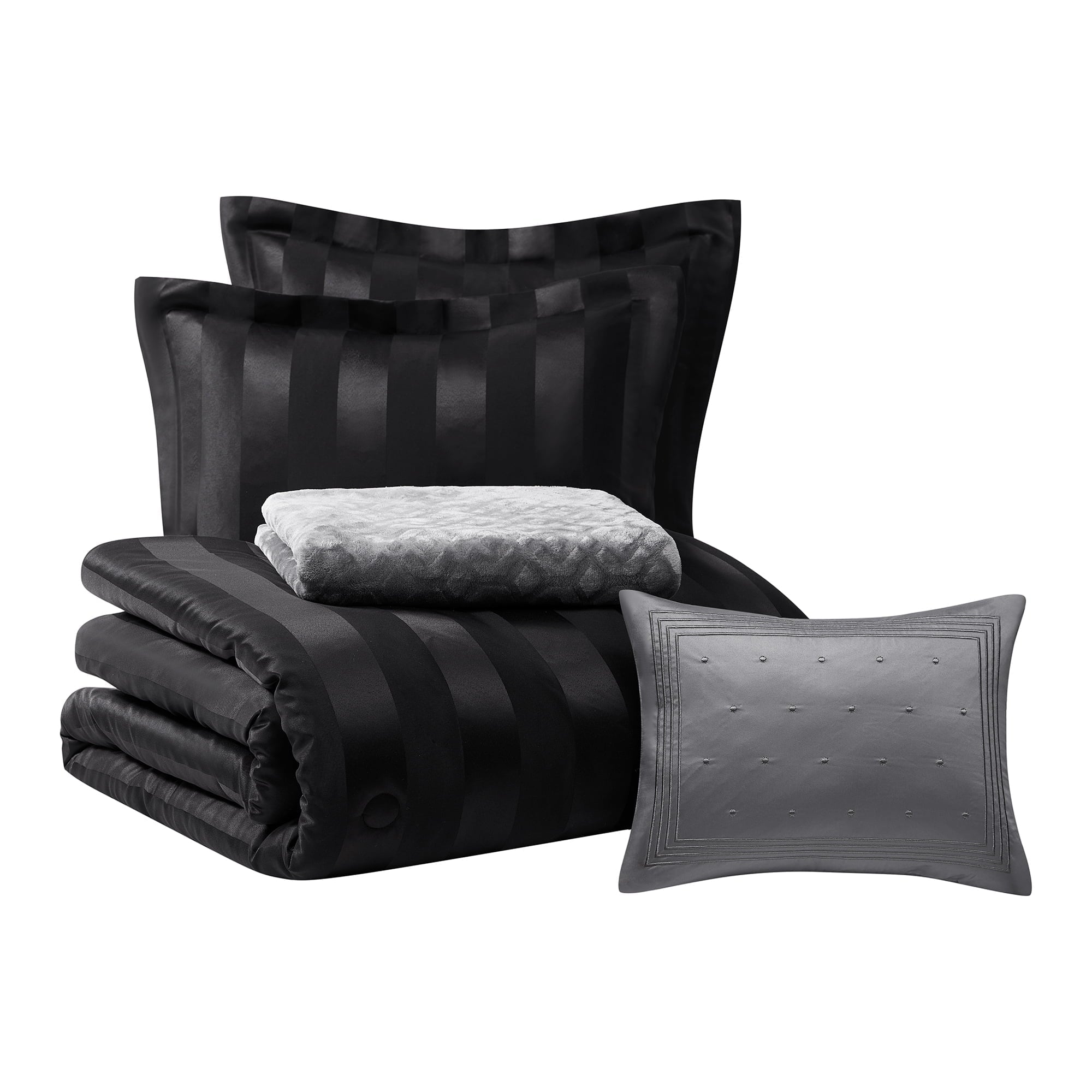 Luxurious Quilted Rich Black 5 Piece Damask Stripe Comforter Set, King, Adult, Unisex - Luxurious Quilted Duvet Cover Set Detail