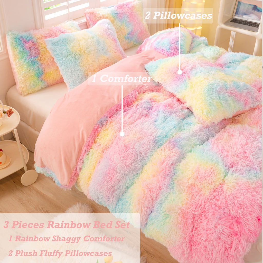 Hypoallergenic Cloud 3Pcs Pink Faux Fur Twin Comforter Set for Girls Tie Dye Rainbow Kid Bed Set Plush Shaggy Bedding Sets Fuzzy Bed Comfo... - Hypoallergenic Ultra-Fluffy Quilt for Winter Detail