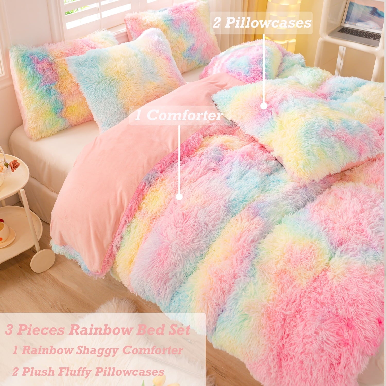 Hypoallergenic Cloud 3Pcs Pink Faux Fur Twin Comforter Set for Girls Tie Dye Rainbow Kid Bed Set Plush Shaggy Bedding Sets Fuzzy Bed Comfo... - Hypoallergenic Ultra-Fluffy Quilt for Winter Detail