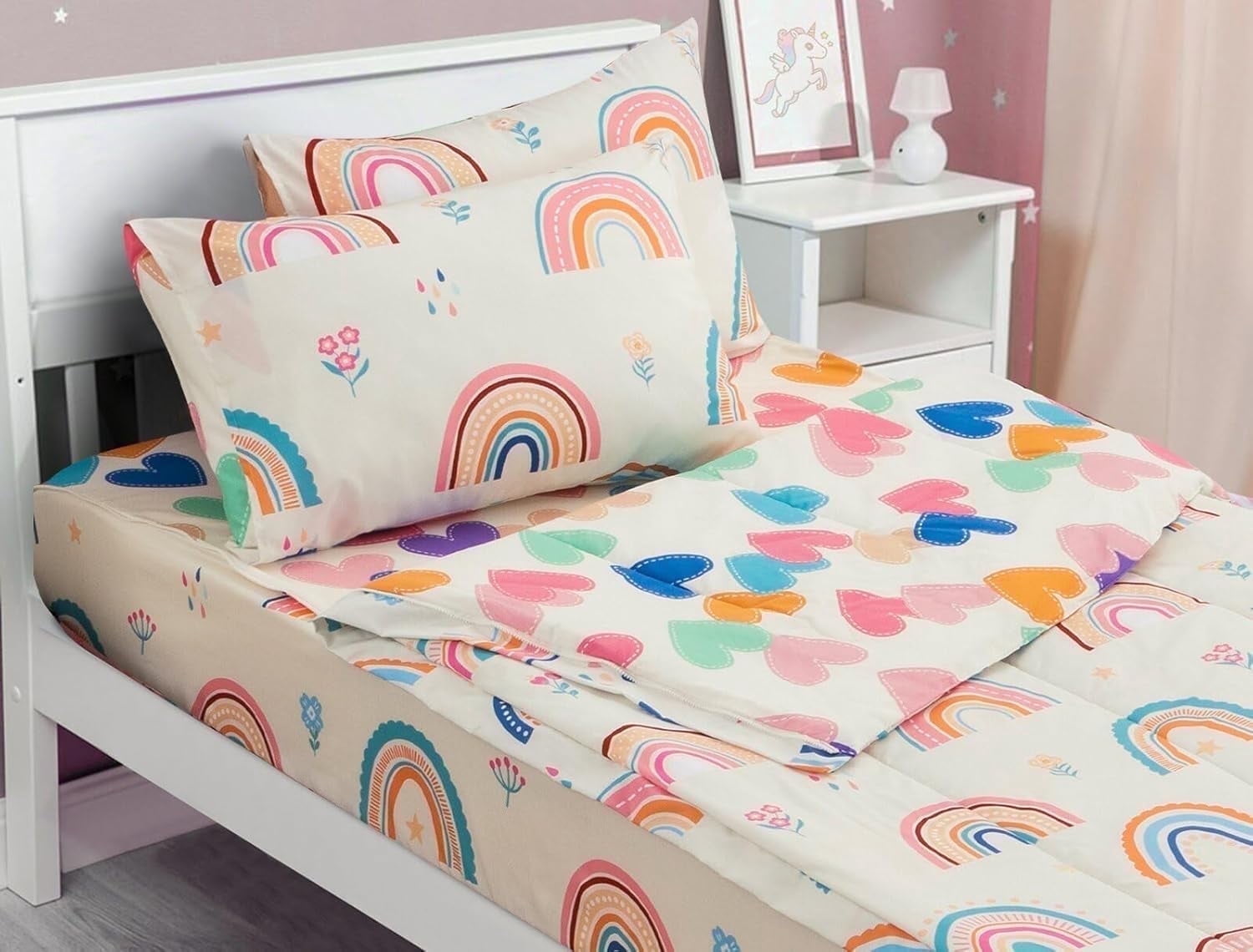 Heavyweight Warmth 3-Piece Kids Comforter Set Twin Zipper Bedding for Girls, Rainbow Comforter with Flower Pattern (Beige) - All-Season Down Alternative Comforter Insert - Default Title