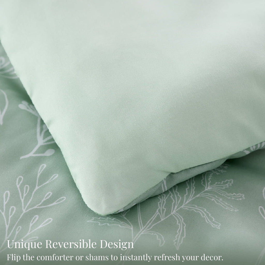 All-Season 3 Pieces Sage Green Floral Comforter Sets, 1 Botanical Flowers Reversible Comforter and 2 Pillow Shams, Queen Size Be... - Cloud-Like Soft Lightweight Bed Comforter Detail