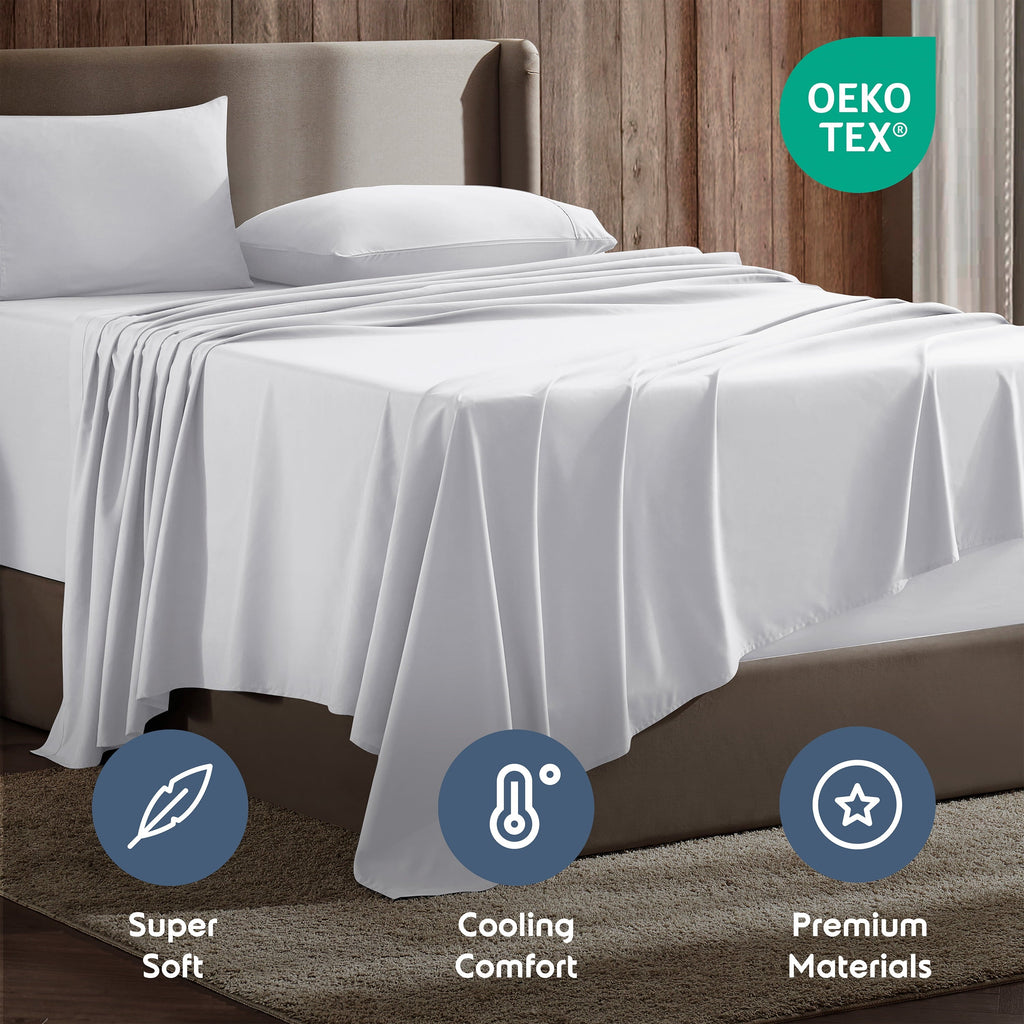 Cooling Sateen Set, Hotel Style Deep Pocket 4 Piece Bed , Luxury Soft Microfiber Sheet Sets, White - Breathable Egyptian Cotton Flat & Fitted Sheets Detail