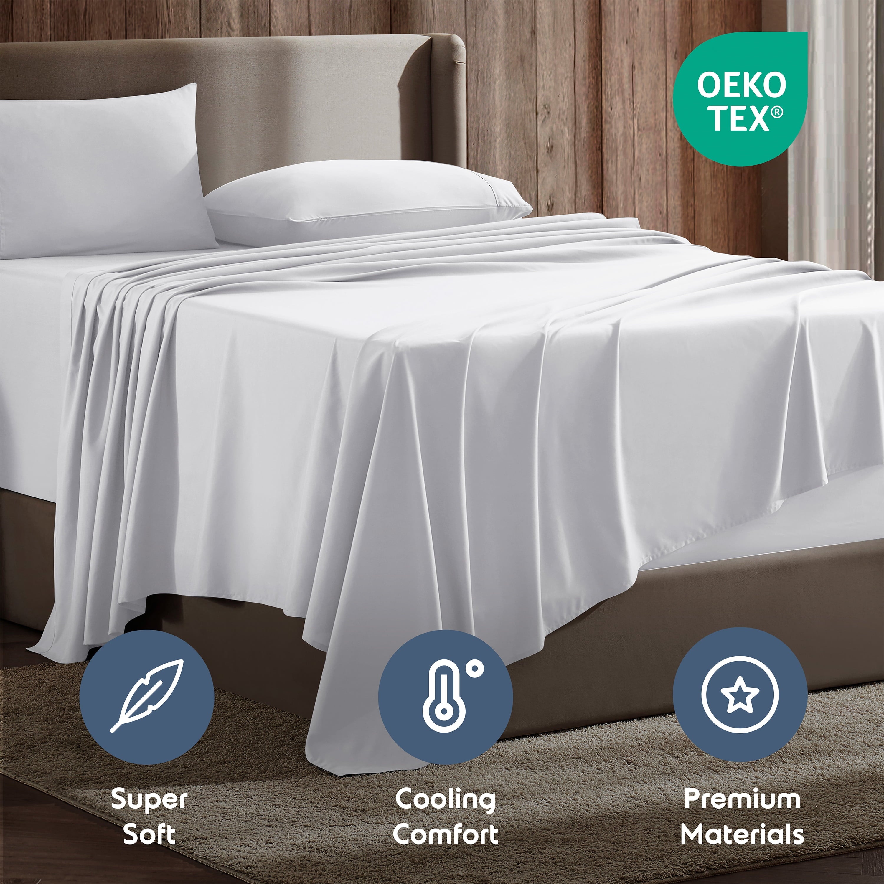 Cooling Sateen Set, Hotel Style Deep Pocket 4 Piece Bed , Luxury Soft Microfiber Sheet Sets, White - Breathable Egyptian Cotton Flat & Fitted Sheets Detail