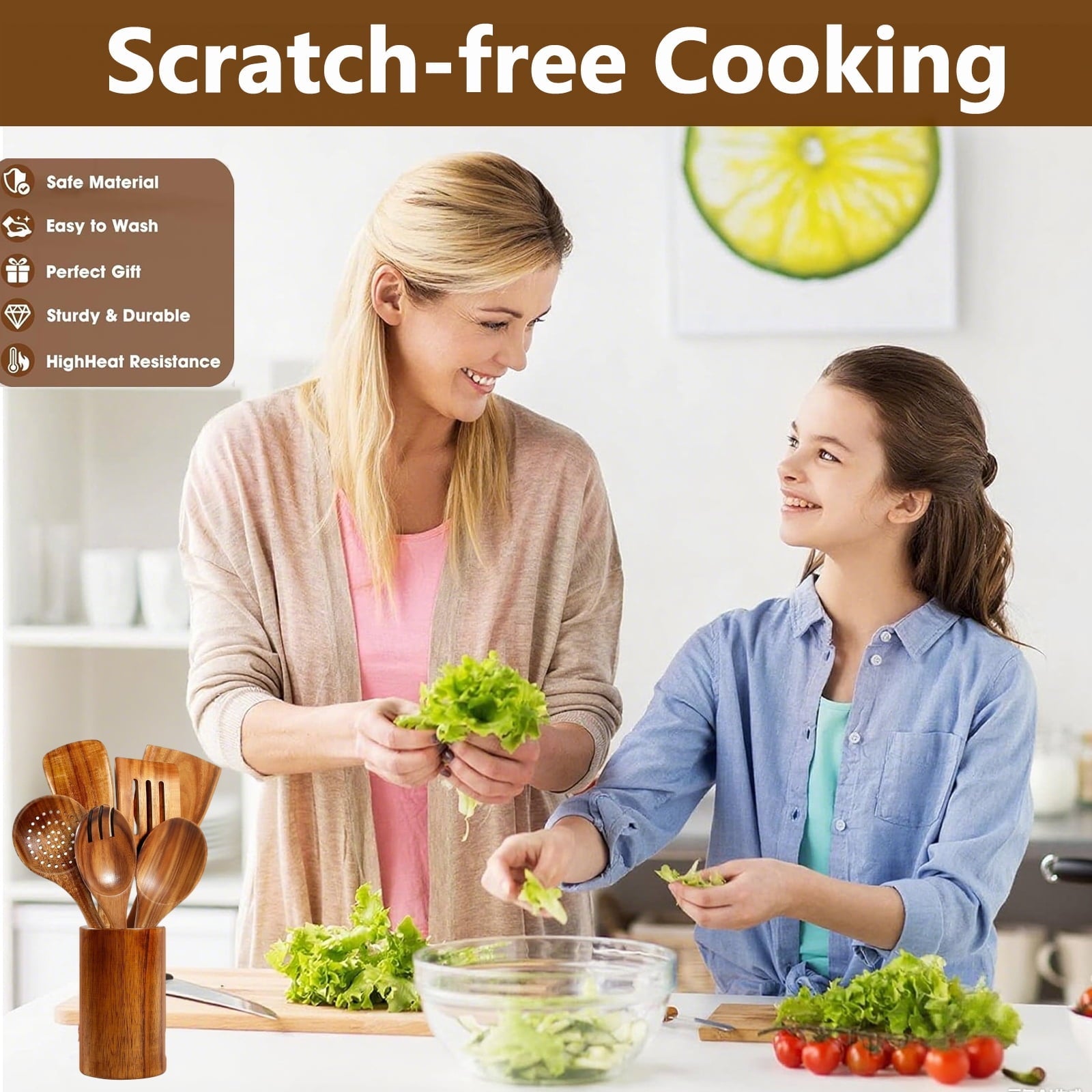 Premium Silicone Wooden Spoons for Cooking, 8 Pcs Natural Teak Wooden Utensils Set, Non-Stick & Heat Resistant Durable Wood ... - Premium Stainless Steel Cooking Utensil for Non-Stick Pots Detail