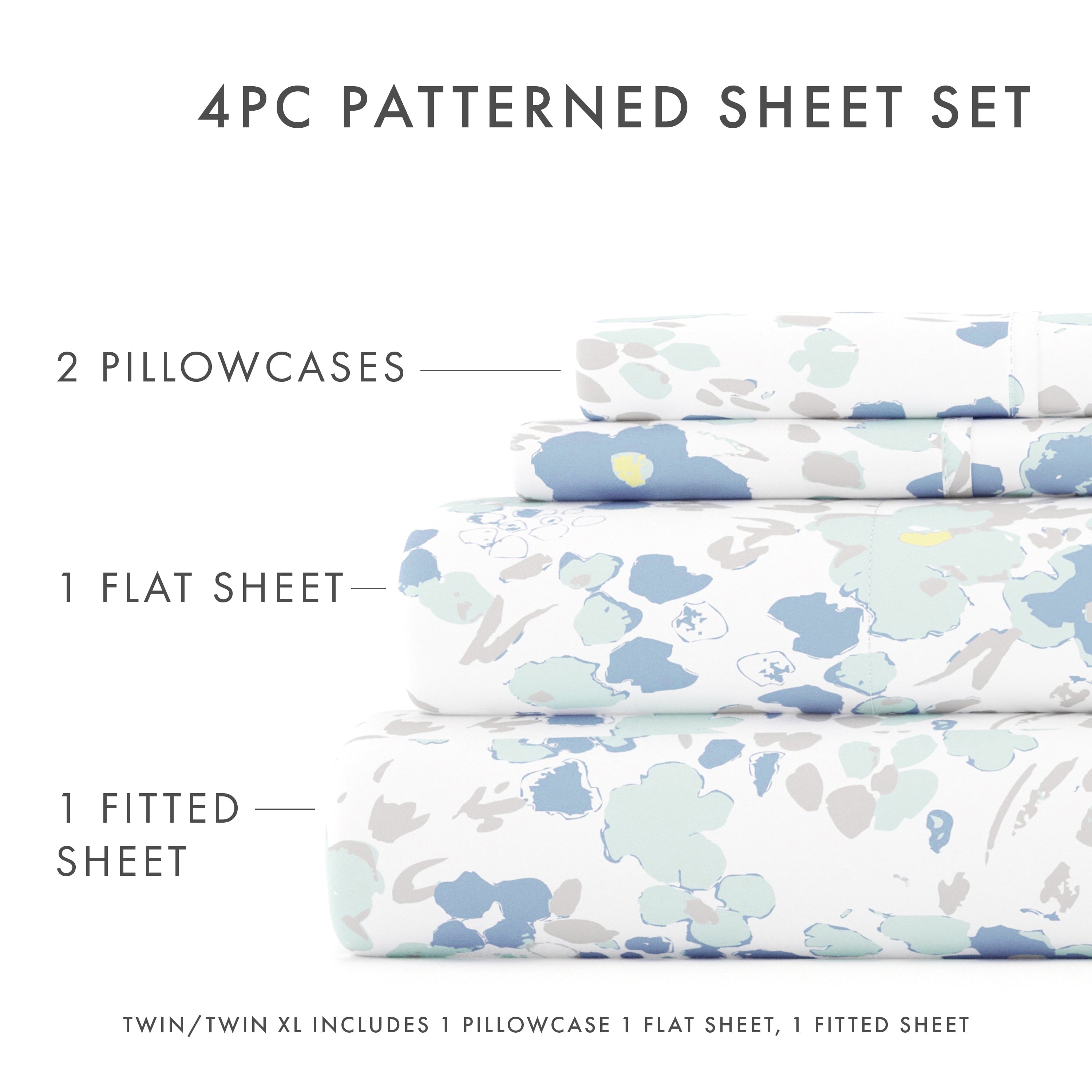Breathable Luxury 4 Piece Pattern Microfiber Bed Sheets Set, Light Blue Violets, Full - Breathable Egyptian Cotton Flat & Fitted Sheets Detail