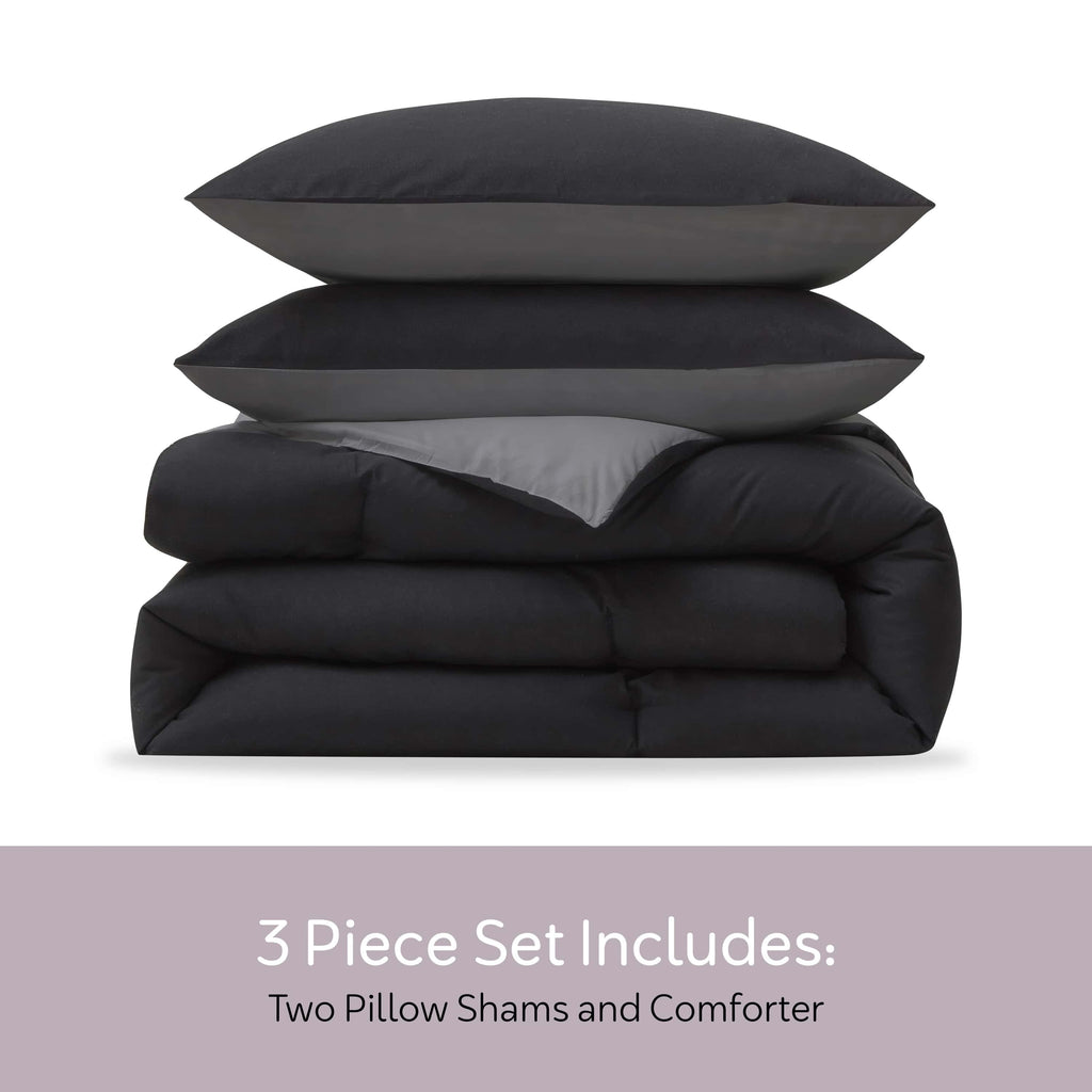 Fluffy Down Alternative Comforter Sets, All Season Lightweight Reversible Queen Comforter Set, 3-Pc Bedding Sets, Black/Charcoal gray - Hypoallergenic Ultra-Fluffy Quilt for Winter Detail