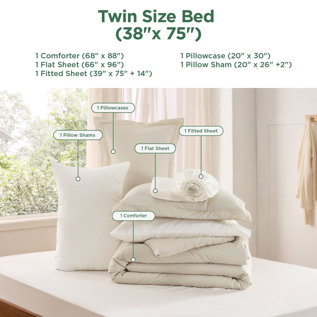 Fluffy Down Alternative Twin Comforter Set Beige, 5 Pieces Lightweight Twin Bedding Sets Boho with Comforter, Sheet, Pillowcase & Sham - Hypoallergenic Ultra-Fluffy Quilt for Winter Detail