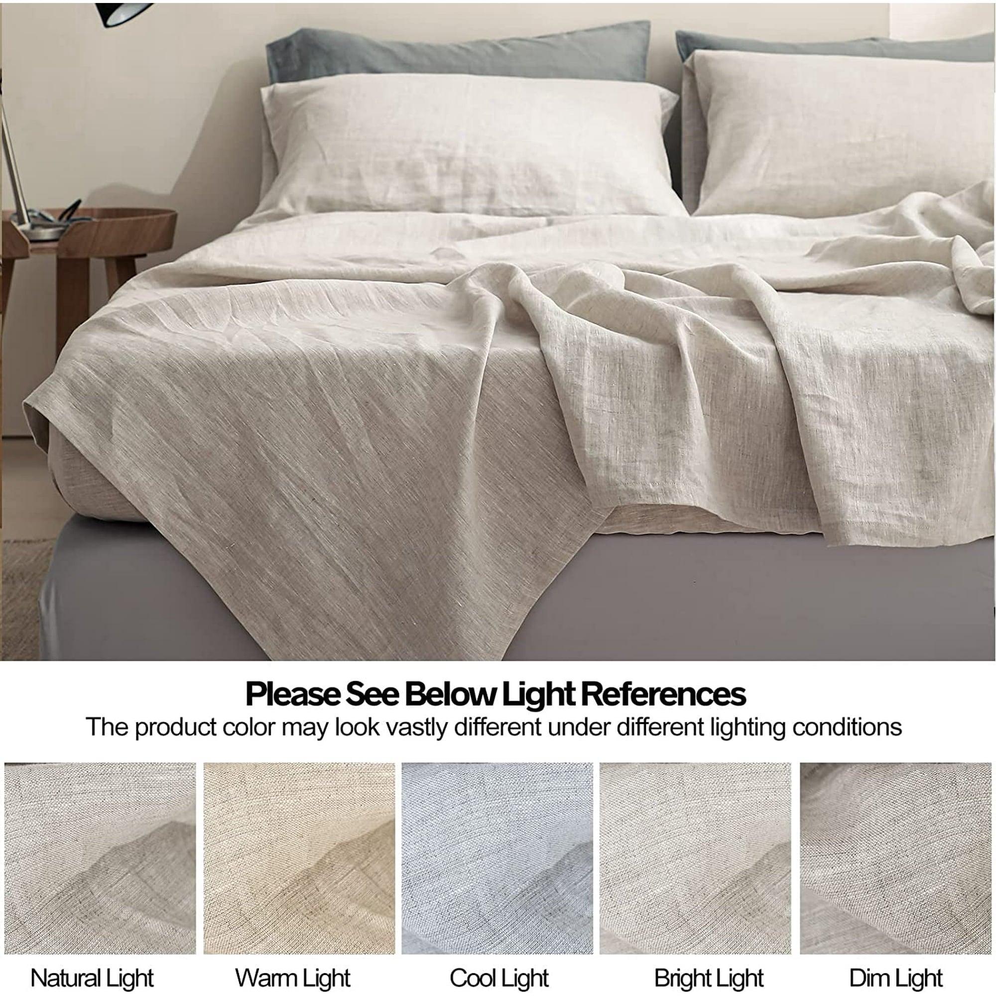 Cooling Sateen 100% Linen Sheet Set Solid Color-4 Pcs Washed French Linen Bed Sheets(1 Flat Sheet,1 Fitted Sheet,2 Pillowcases)-Brea... - Luxury Bed Sheet Set with Deep Pockets Detail