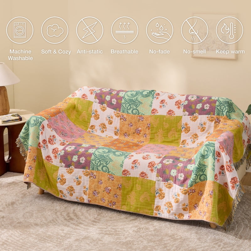 Cozy Fleece 100% Cotton Boho Blankets for Home Decor – Colorful Patchwork Reversible Farmhouse Quilt Bedding, Vintage Woven Decor... - Lightweight Plush Warm Blanket for All Seasons Detail