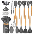 Non-Stick Safe Silicone Cooking Utensils Set, 446°F Heat Resistant Wooden Handle Cooking Kitchen Utensils Spatula Set with Holder fo... - Ergonomic Kitchen Tongs and Cooking Spoon Utensil - Default Title