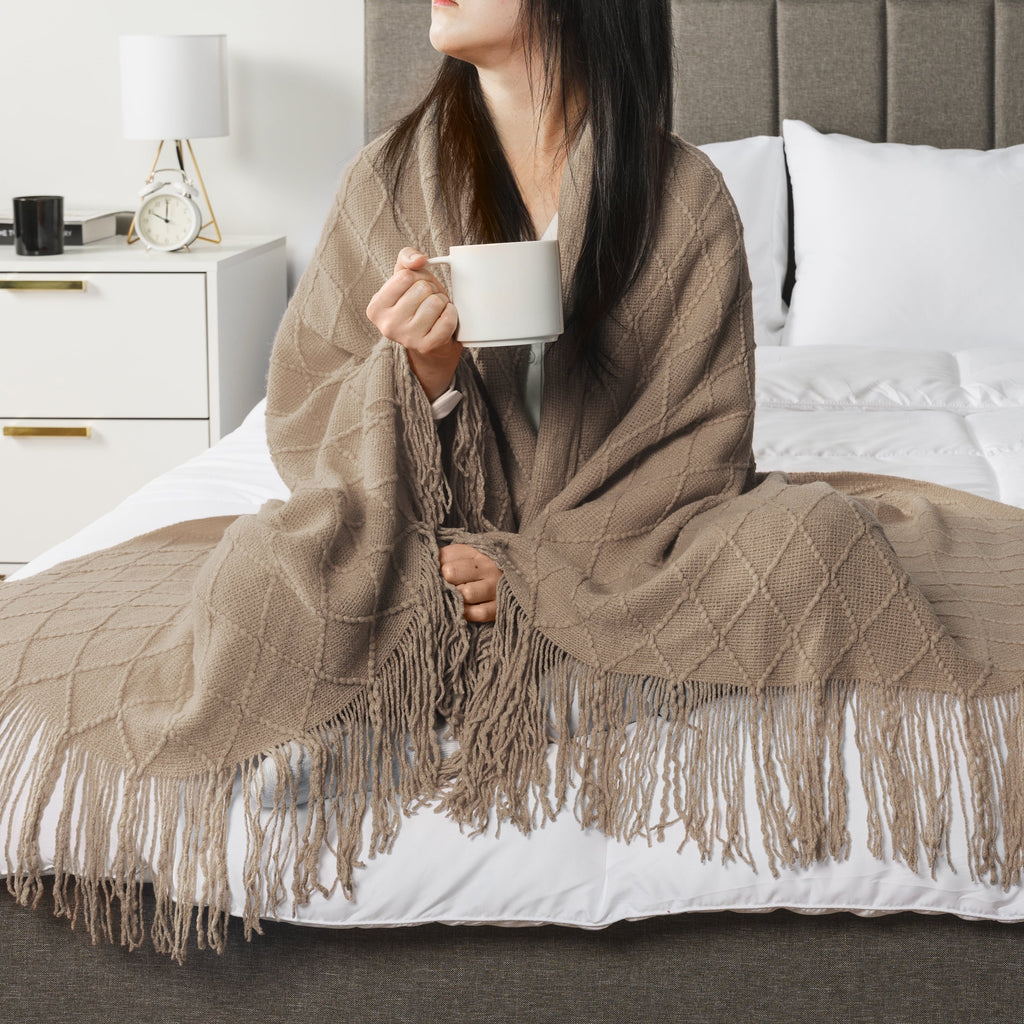 Reversible Sherpa Tan Taupe Knit Throw Blanket for Couch Bed, Soft Knitted Farmhouse Sofa Throw for Living Room, Lightweight Decorative... - Lightweight Plush Warm Blanket for All Seasons Detail