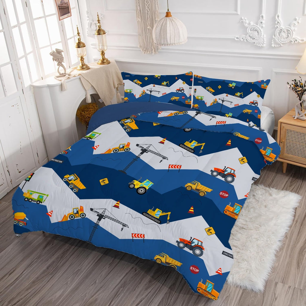 Luxurious Quilted Car Comforter Set Construction Bedding Set for Boys Kids Trucks Comforter Cartoon Car Excavator Tractor Blue 3Pcs Twin - Cloud-Like Soft Lightweight Bed Comforter Detail