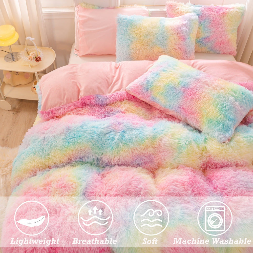 Hypoallergenic Cloud 3Pcs Pink Faux Fur Twin Comforter Set for Girls Tie Dye Rainbow Kid Bed Set Plush Shaggy Bedding Sets Fuzzy Bed Comfo... - Hypoallergenic Ultra-Fluffy Quilt for Winter Detail