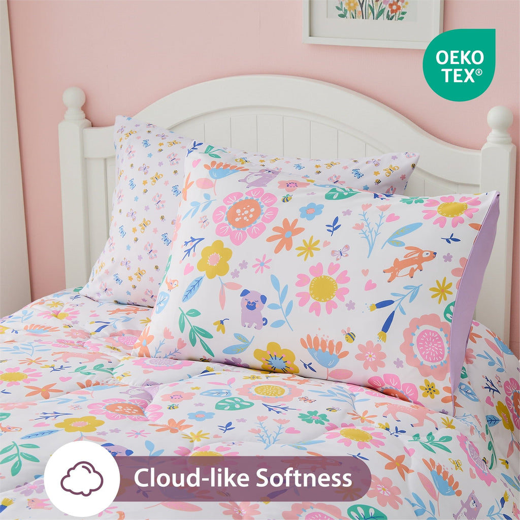 All-Season Floral Comforter Set, Soft Microfiber Flower Bedding Set, 5 Pieces with Comforter, Sheets and Pillowcases, Twin - Cloud-Like Soft Lightweight Bed Comforter Detail