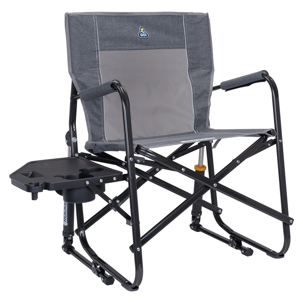 Heavy-Duty Freestyle Freestyle Rocker with Side Table - Choice 853 - Patented Spring-Action Rocking Chair for Camping - Heathered Pewter