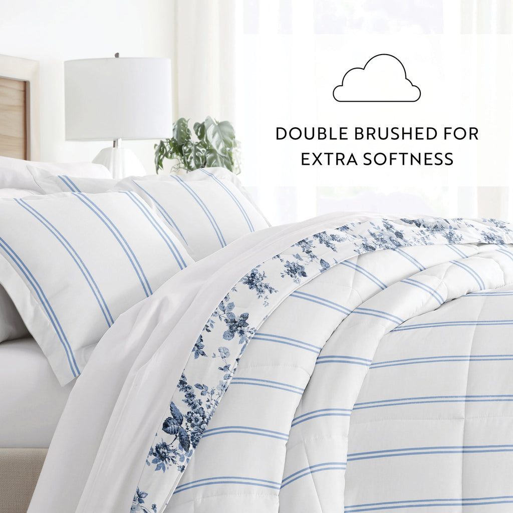 Hypoallergenic Cloud Down Alternative Cabbage Rose Stripe Stone Reversible Comforter Set - Luxurious Quilted Duvet Cover Set Detail