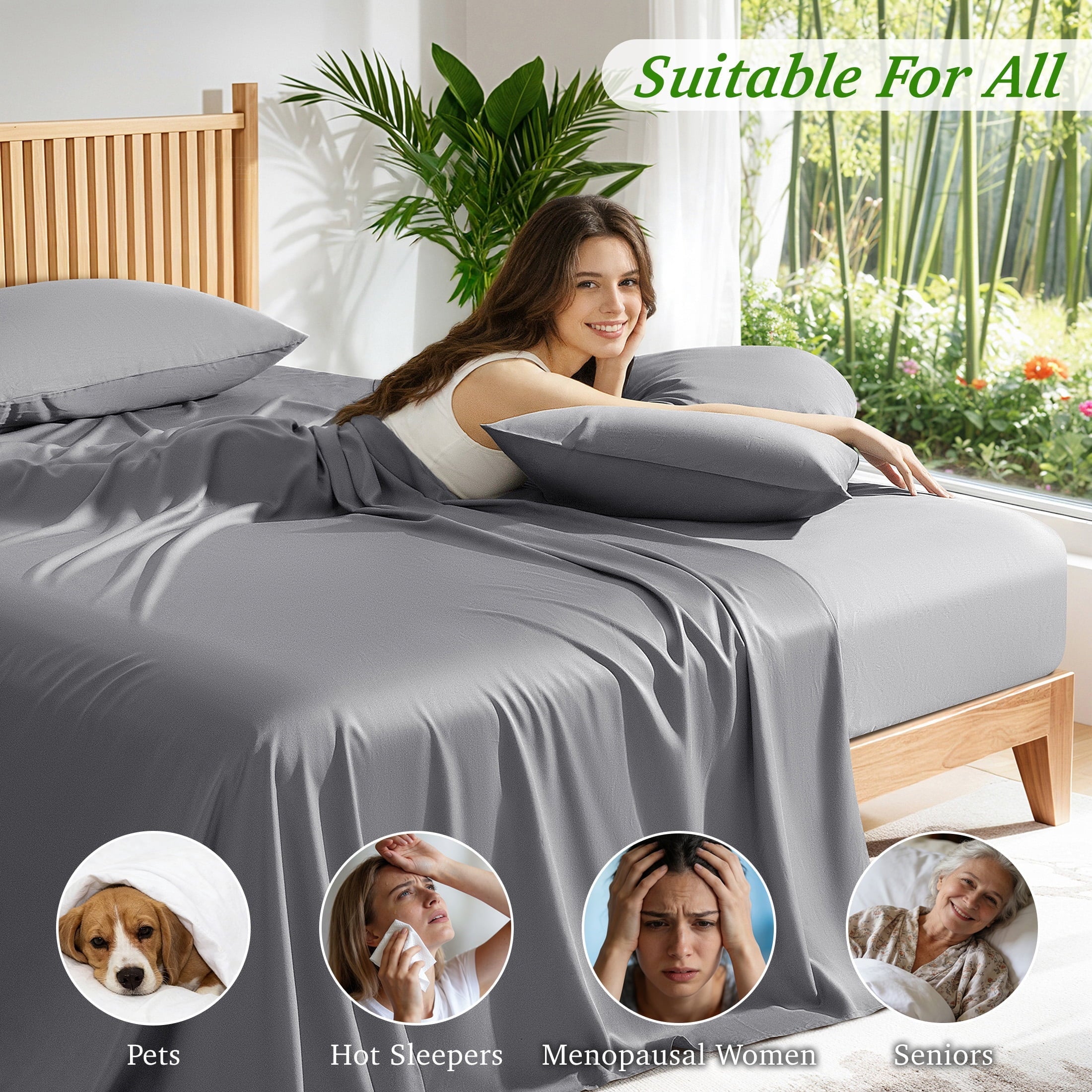 Breathable Luxury Bamboo Queen Sheet Set, Luxury Soft 4 Pieces Bed Sheets with 18" Deep Pocket, Gray - Cooling Hotel Quality Bedding Sheets and Pillowcases Detail