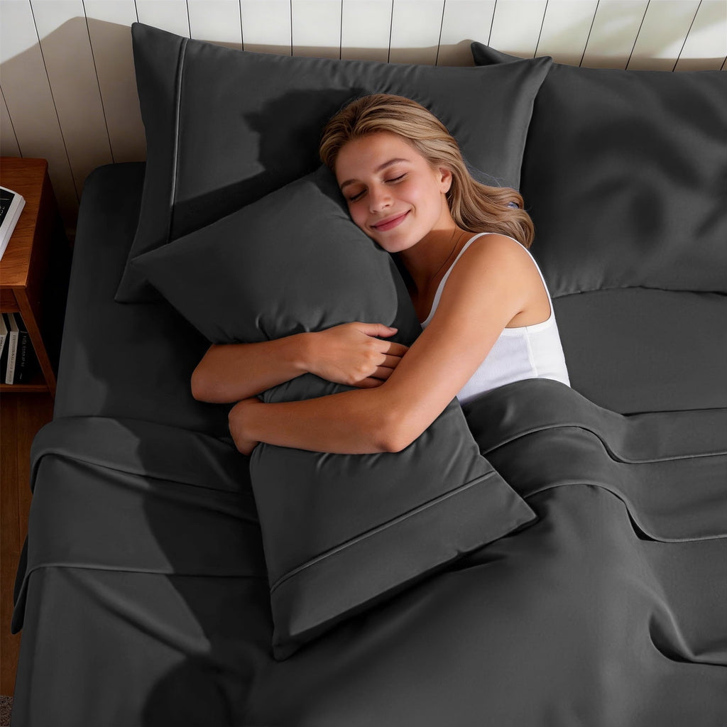 Wrinkle-Resistant Sheets,Soft Hotel Luxury Polyester Washed Cotton,4 Piece Sheets Set,with 14" Deep Pocket,Dark Gray - Breathable Egyptian Cotton Flat & Fitted Sheets Detail