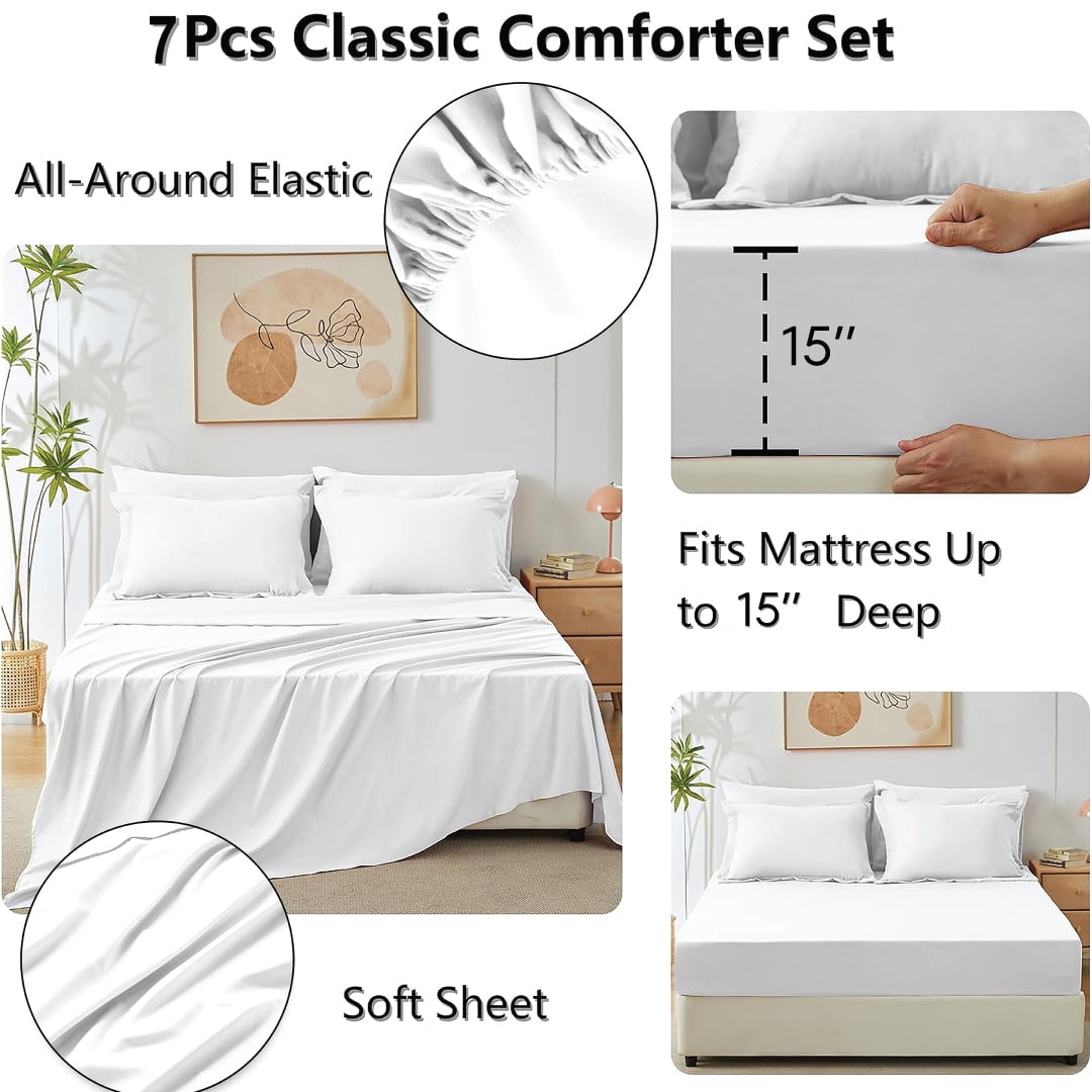 Hypoallergenic Cloud Comforter Set 7-Piece Bed in a Bag - Adult, White, Queen - Luxurious Quilted Duvet Cover Set Detail
