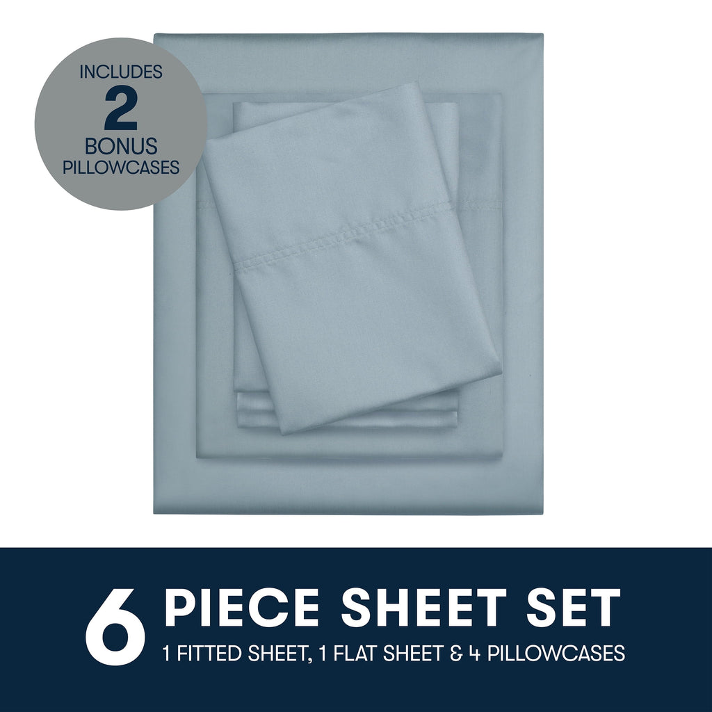 Cooling Sateen 6-Piece 800 Thread Count Lead Cotton Rich Adult Bed Sheet Set, King - Deep Pocket - Breathable Egyptian Cotton Flat & Fitted Sheets Detail