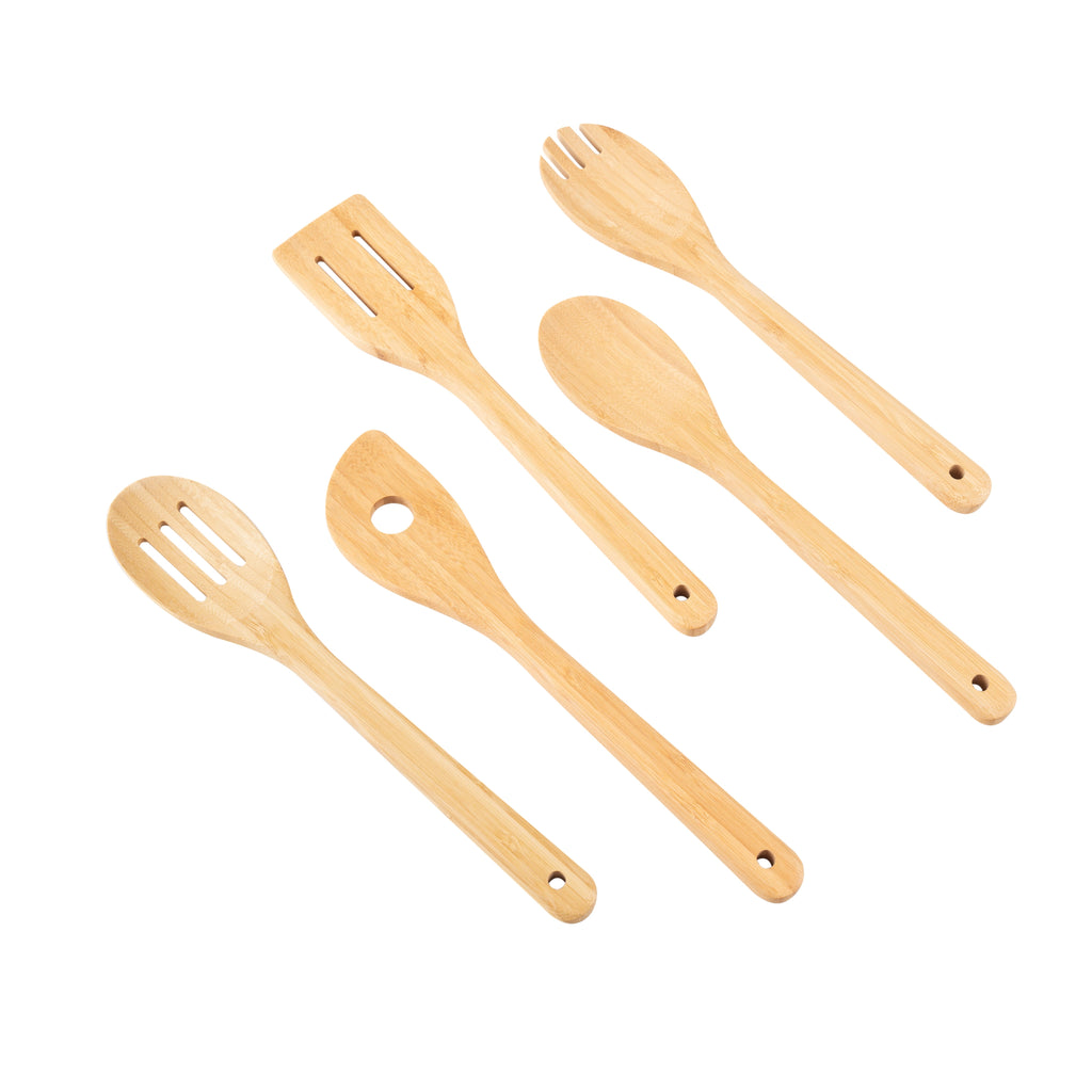 Non-Stick Safe 5pk Bamboo Spoons for Cooking, Kitchen Essential Tools Set - Durable Turner & Ladle Utensil Set for Home Chefs Detail