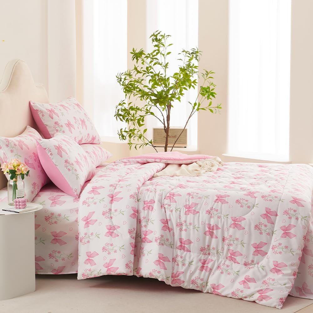 Luxurious Quilted Pink Bowknot Girls Comforter Set Twin Size, 3 Pieces Bows Princess Style Bedding Set for Girls for All Season - Cloud-Like Soft Lightweight Bed Comforter Detail