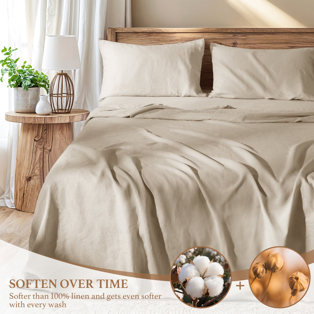Breathable Luxury Natural Linen Cotton Bed Sheets Set, Deep Pocket - Breathable - Durable - 4 Pieces (Linen, Queen) - Cooling Hotel Quality Bedding Sheets and Pillowcases Detail