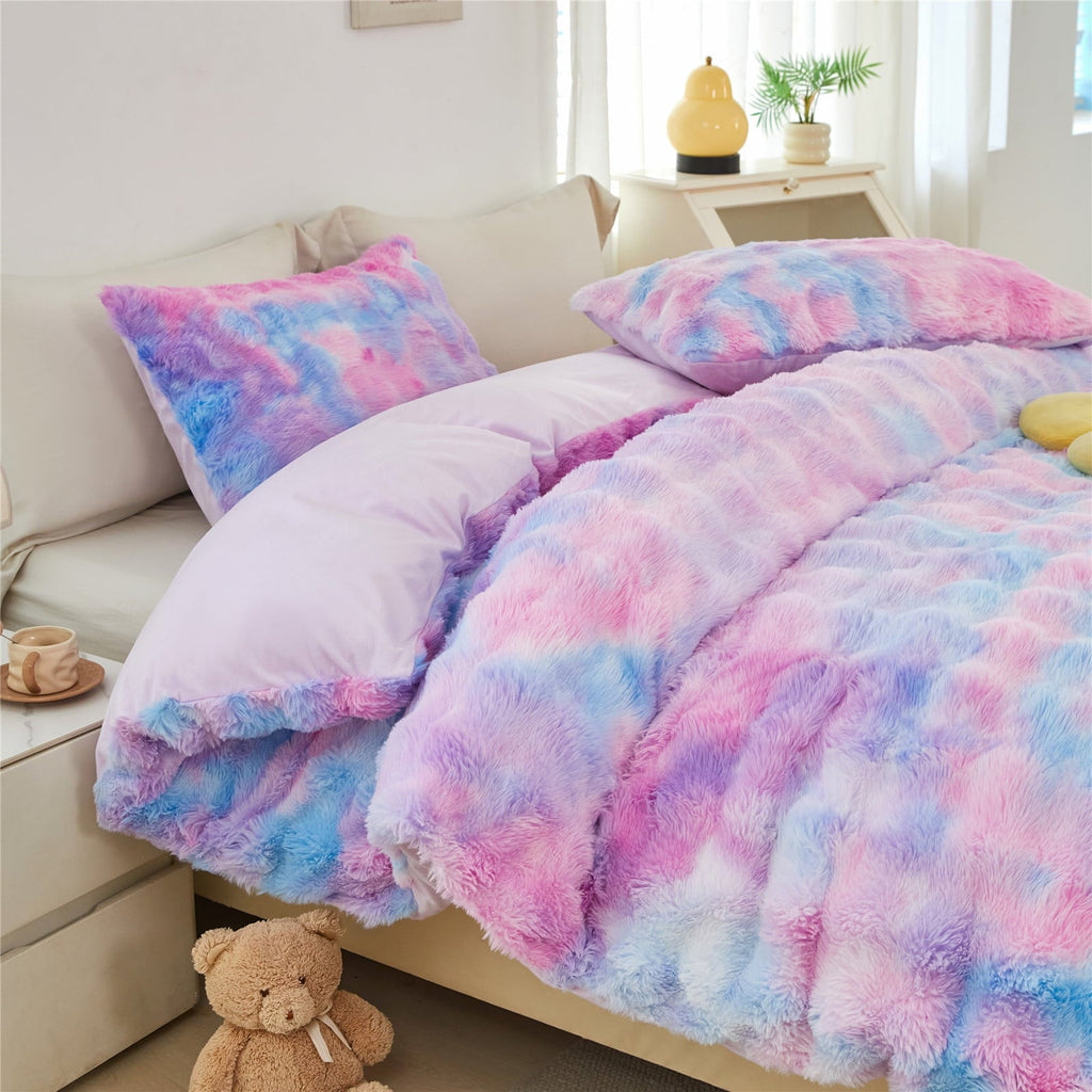 Hypoallergenic Cloud Faux Rabbit Fur Comforter Set Twin 3Pcs Girls Blue Purple Bedding Set Tie-Dyeing Soft Bed Comforter Set Warm Fuzzy Ki... - Hypoallergenic Ultra-Fluffy Quilt for Winter Detail