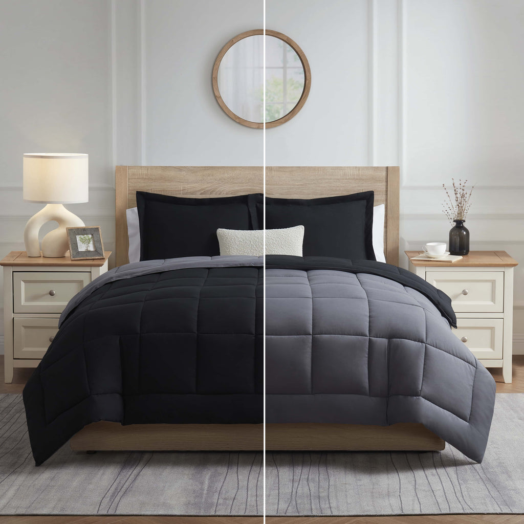 Heavyweight Warmth Queen Comforter Set, 3 Piece Bed in a Bag, Reversible Down Alternative Bedding Set, Black & Gray - Luxurious Quilted Duvet Cover Set Detail