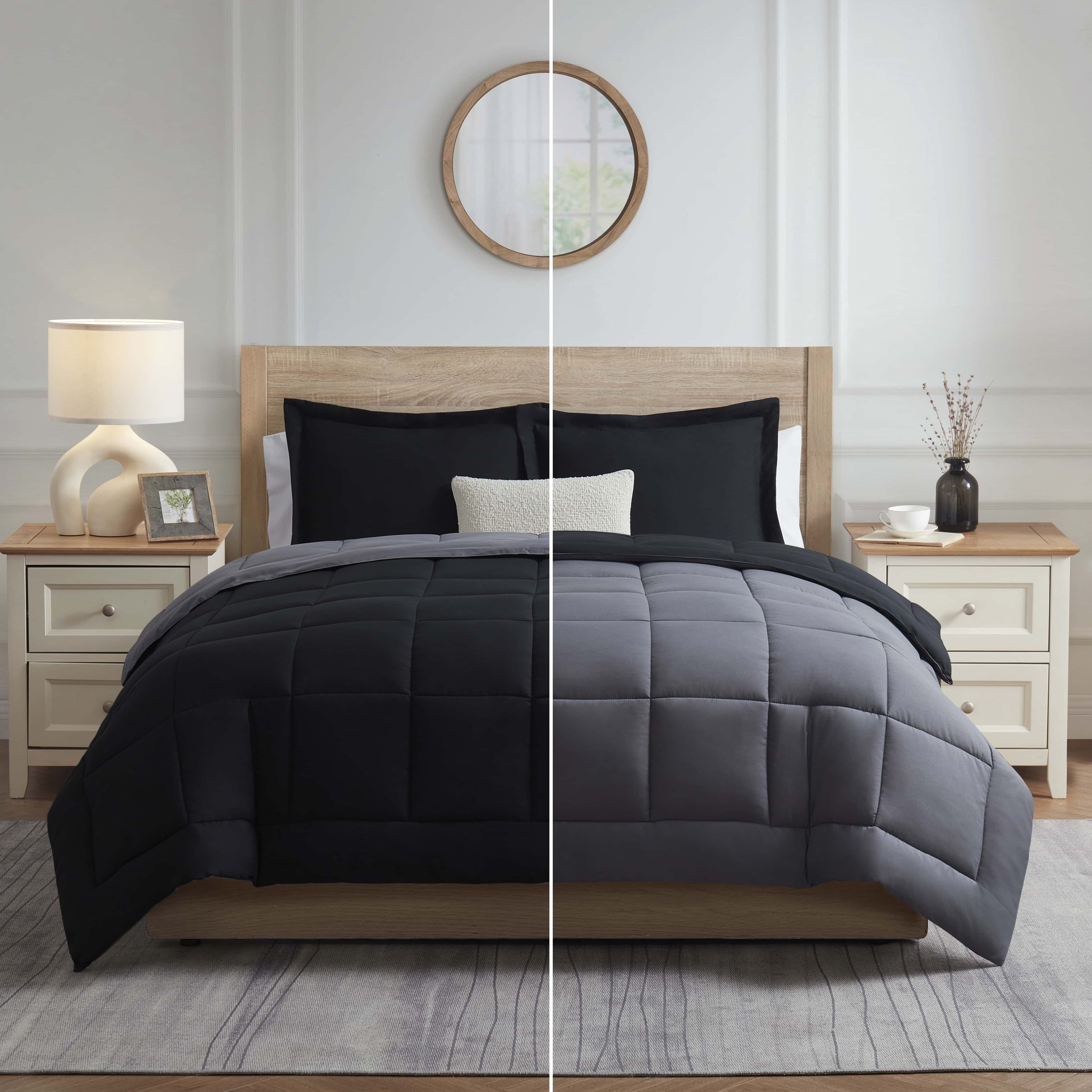 Heavyweight Warmth Queen Comforter Set, 3 Piece Bed in a Bag, Reversible Down Alternative Bedding Set, Black & Gray - Luxurious Quilted Duvet Cover Set Detail