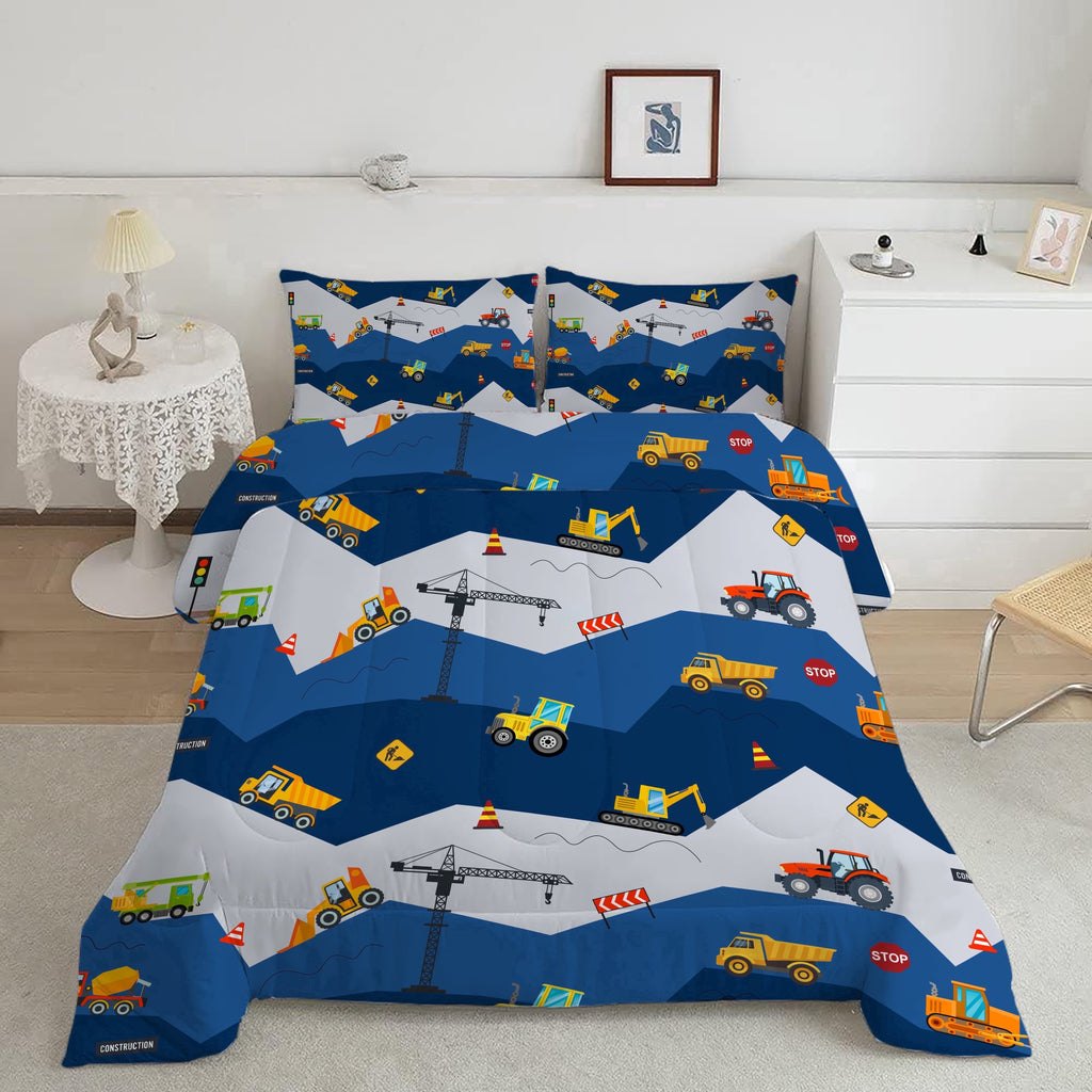 Luxurious Quilted Car Comforter Set Construction Bedding Set for Boys Kids Trucks Comforter Cartoon Car Excavator Tractor Blue 3Pcs Twin - Cloud-Like Soft Lightweight Bed Comforter Detail