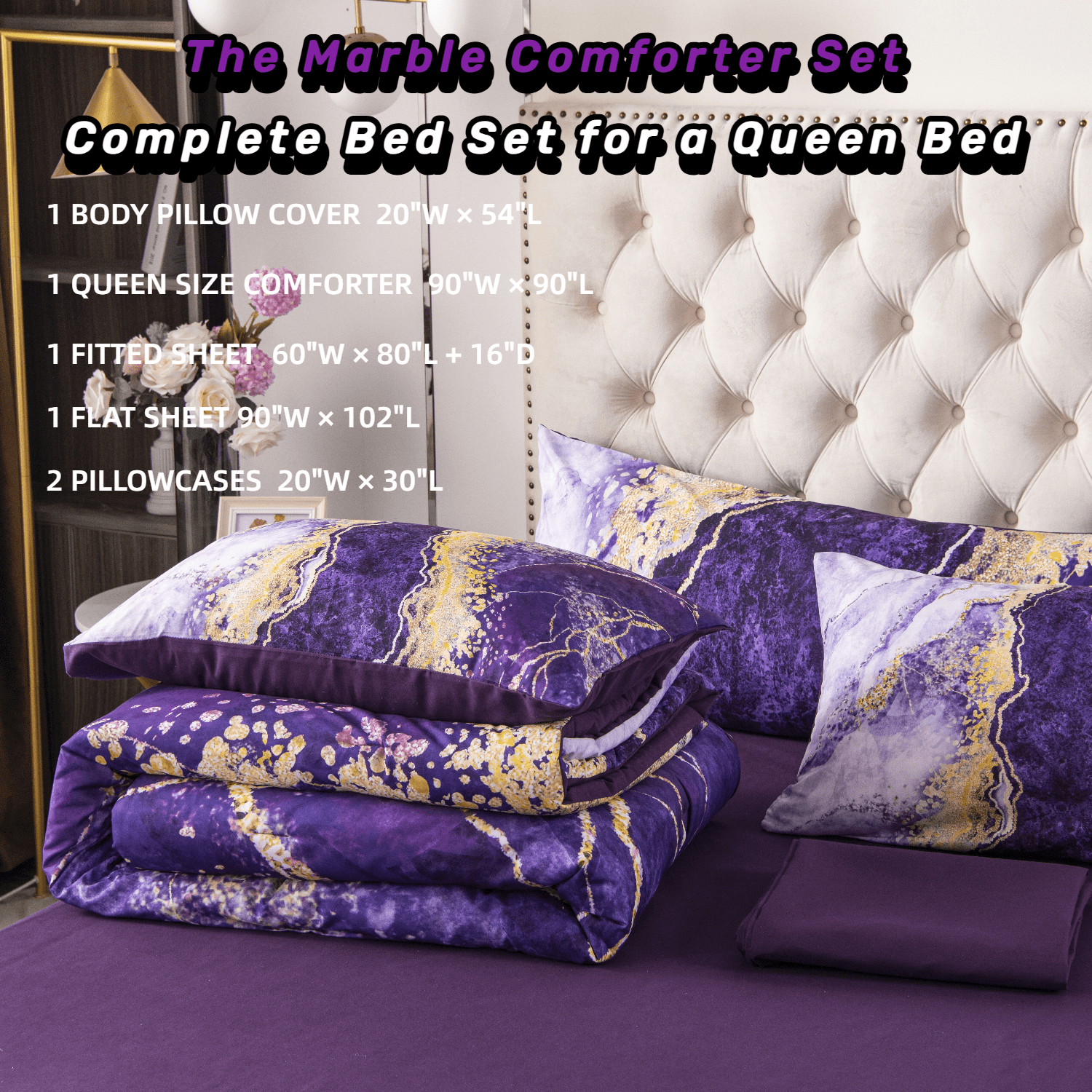 Fluffy Down Alternative 6 Pieces Queen Size Comforter Set Purple,Watercolor Marble Colorful Purple Bedding,Ultra Soft Purple Bed Set with Com... - Hypoallergenic Ultra-Fluffy Quilt for Winter Detail