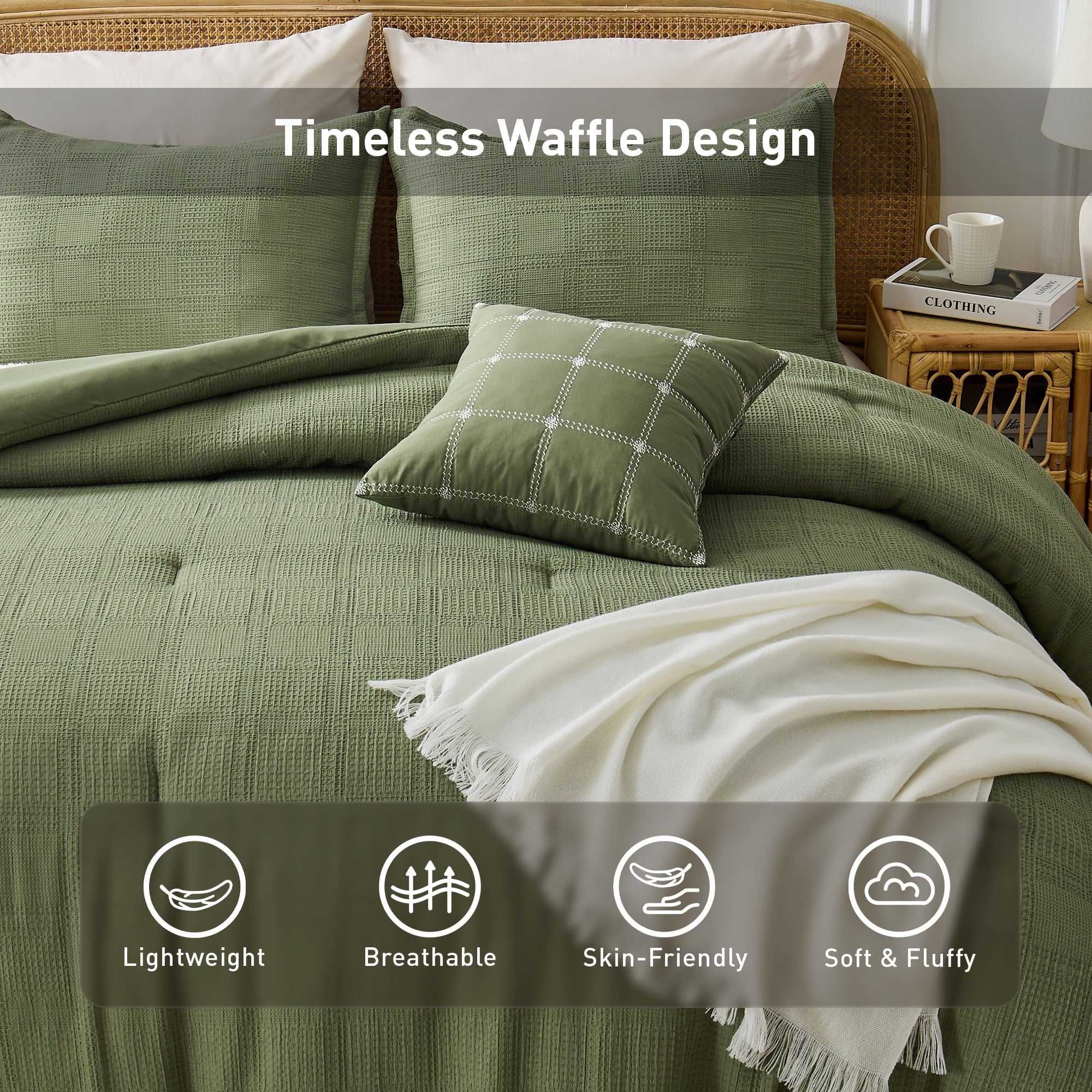 All-Season Waffle Weave Comforter Set with Throw Blanket for Couch, 5-Piece King/Cal King Size Lightweight Comforter Bet Set for... - Cloud-Like Soft Lightweight Bed Comforter Detail
