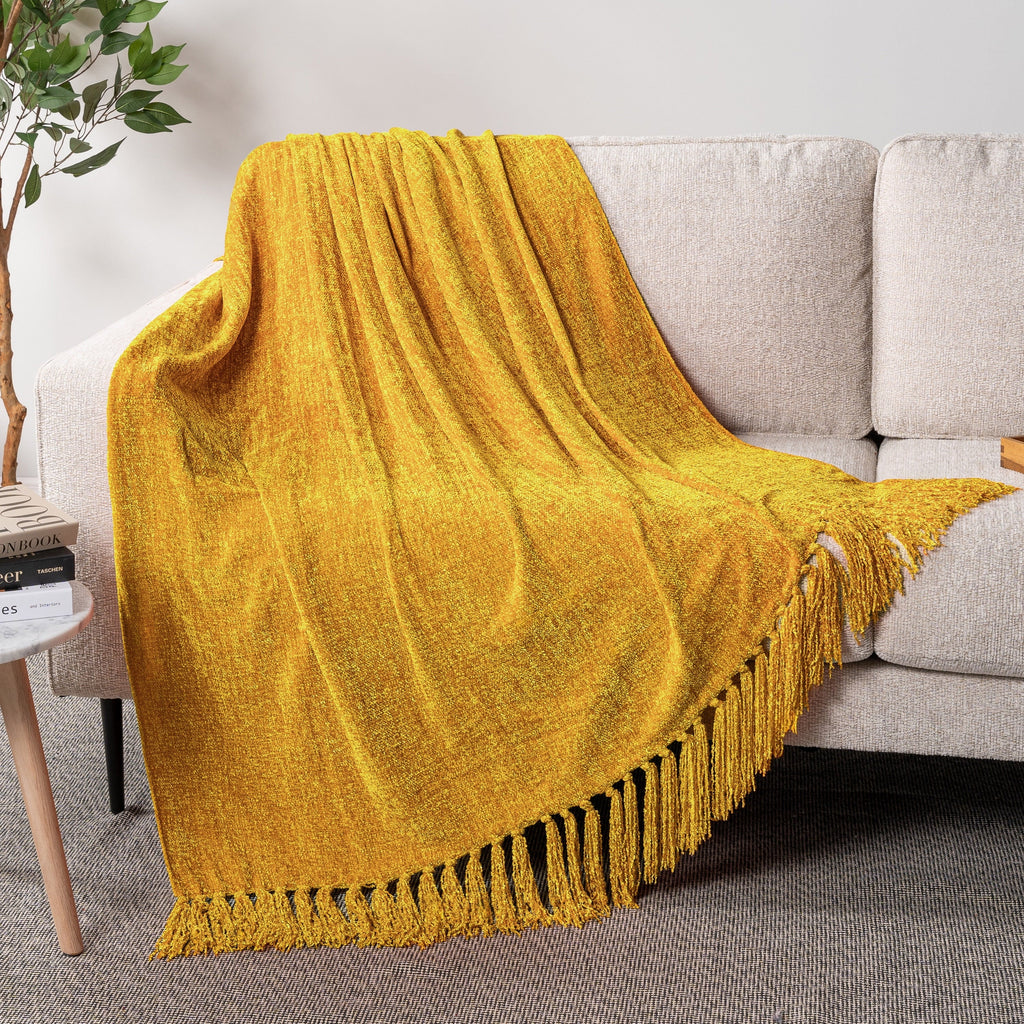 Lightweight Warm Mustard Yellow Chenille Throw Blanket for Couch, Soft Gold Knit Blanket with Tassel Fringe, Woven Chenille Knitted De... - Luxury Knitted Decorative Throw Blanket with Fringes Detail