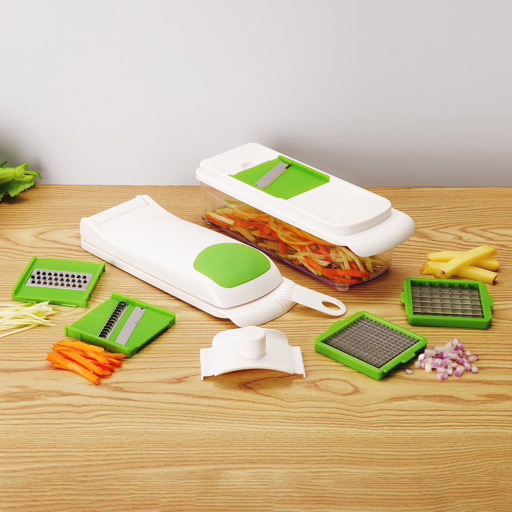 Innovative 11 Pieces Multi-Function Nice Dicer and Mandoline, Stainless Steel, Green Glaze, 820g - Premium Stainless Steel Garlic Presser & Peeler Detail