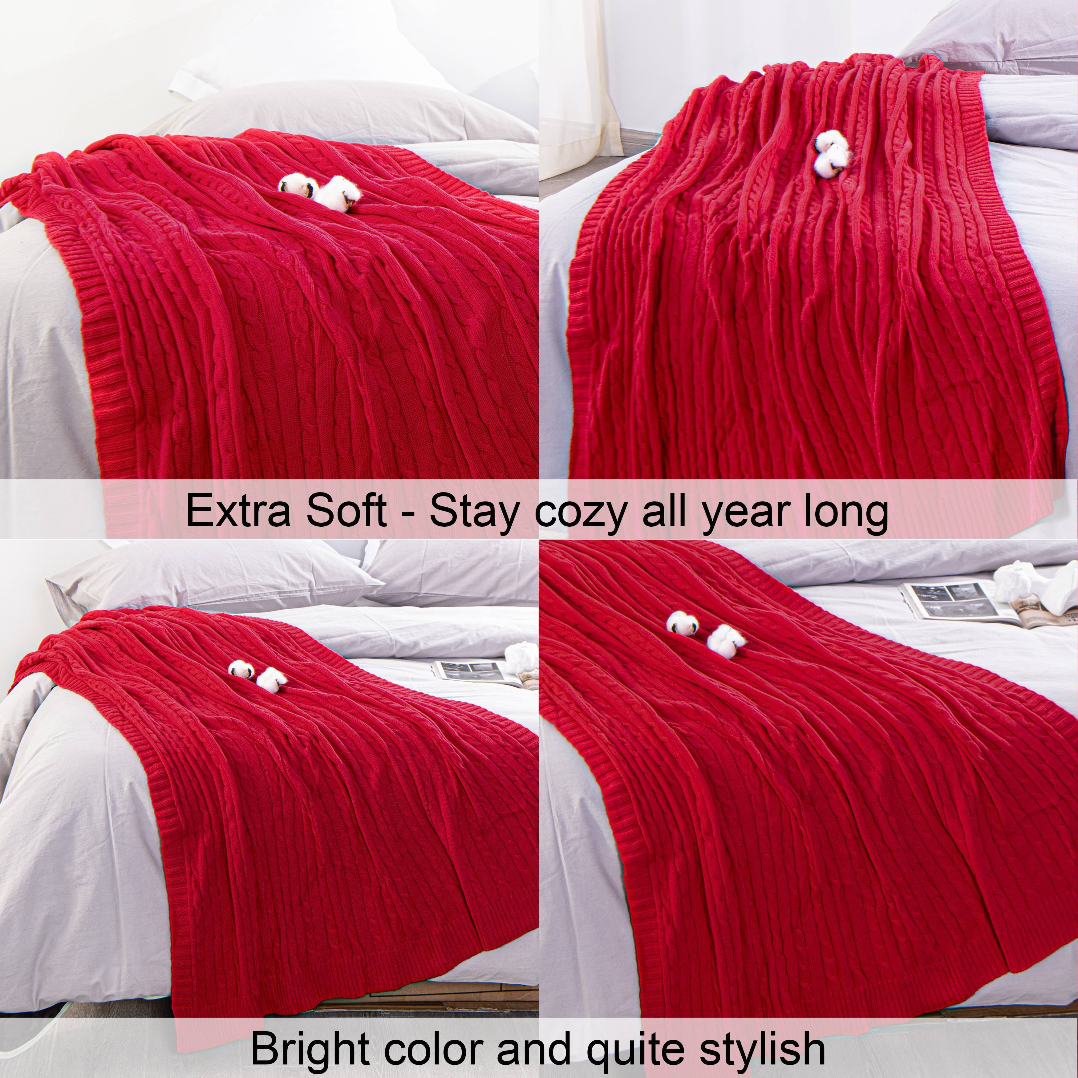Decorative Knitted 100% Cotton Cable Knit Throw, Super Soft Warm Knitted Blanket Home Decor, 51"x67", Red - Super Soft Reversible Sherpa Flannel Blanket Detail