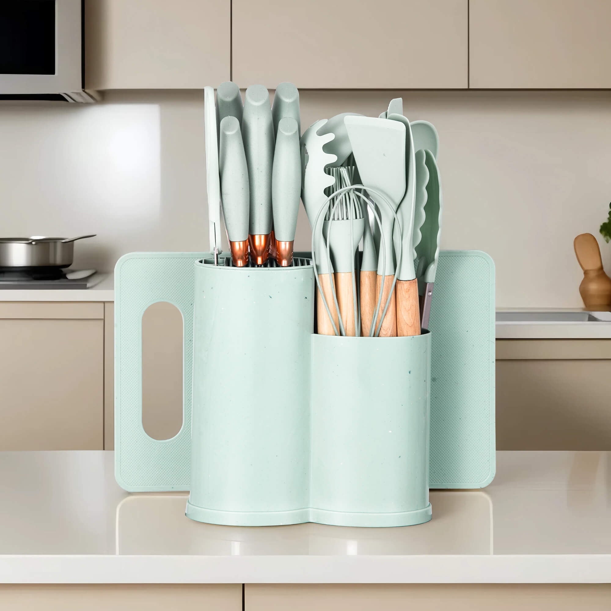 Ergonomic Cooking 19pcs Silicone Kitchen Utensil Set, Heat-Resistant Non-Stick Easy Cooking Cleaning Home Light-Green - Premium Stainless Steel Cooking Utensil for Non-Stick Pots Detail
