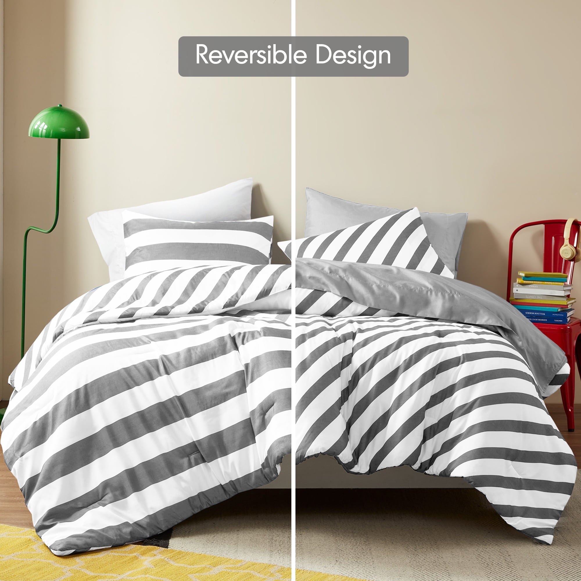 Heavyweight Warmth Full/Queen Size Comforter Sets, 3-Piece Bedding Set Full/Queen, Reversible Striped Comforter Bed Set, Charcoal - All-Season Down Alternative Comforter Insert Detail