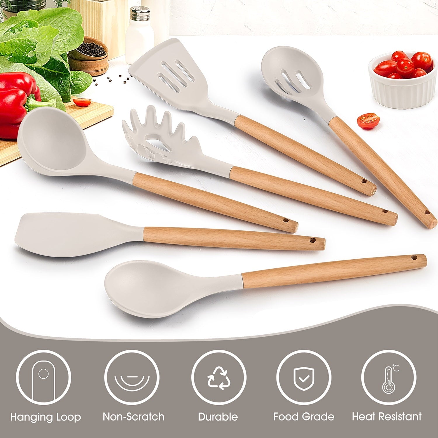 Durable Steel Kitchen Utensils Set of 6, Silicone Cooking Utensils with Wooden Handle, Non-Stick Cookware & Heat Resistant, Include... - Multi-Purpose Hand Tool for Daily Meal Prep Detail