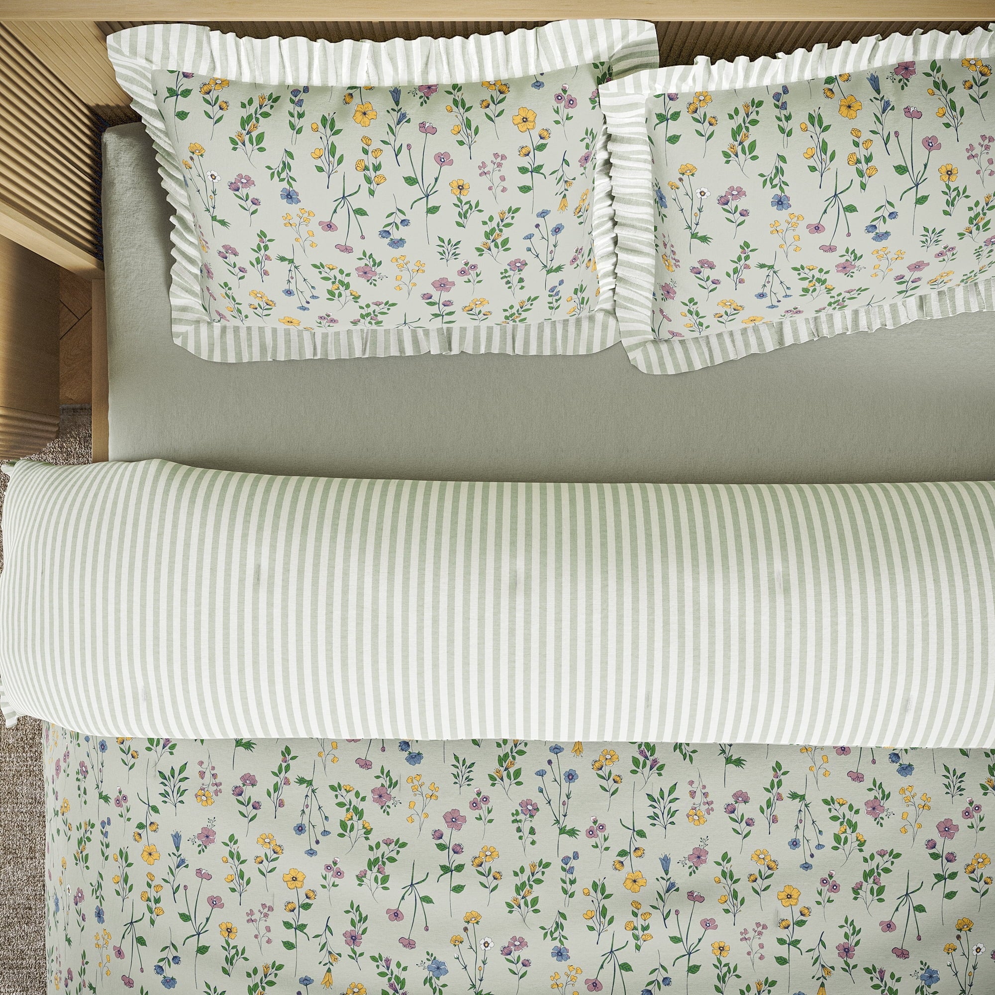 Fluffy Down Alternative 100% Cotton Botanical 3-Piece Sage Green Comforter Set, Full/Queen - Luxurious Quilted Duvet Cover Set Detail