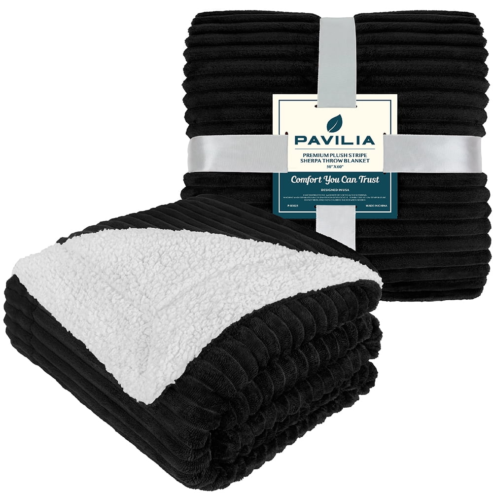 Super Soft Flannel Reversible Sherpa Fleece Throw Blanket Black, Plush Flannel Throw, Ultra Soft Warm Ribbed Microfiber Blanket for Sofa... - Lightweight Plush Warm Blanket for All Seasons Detail