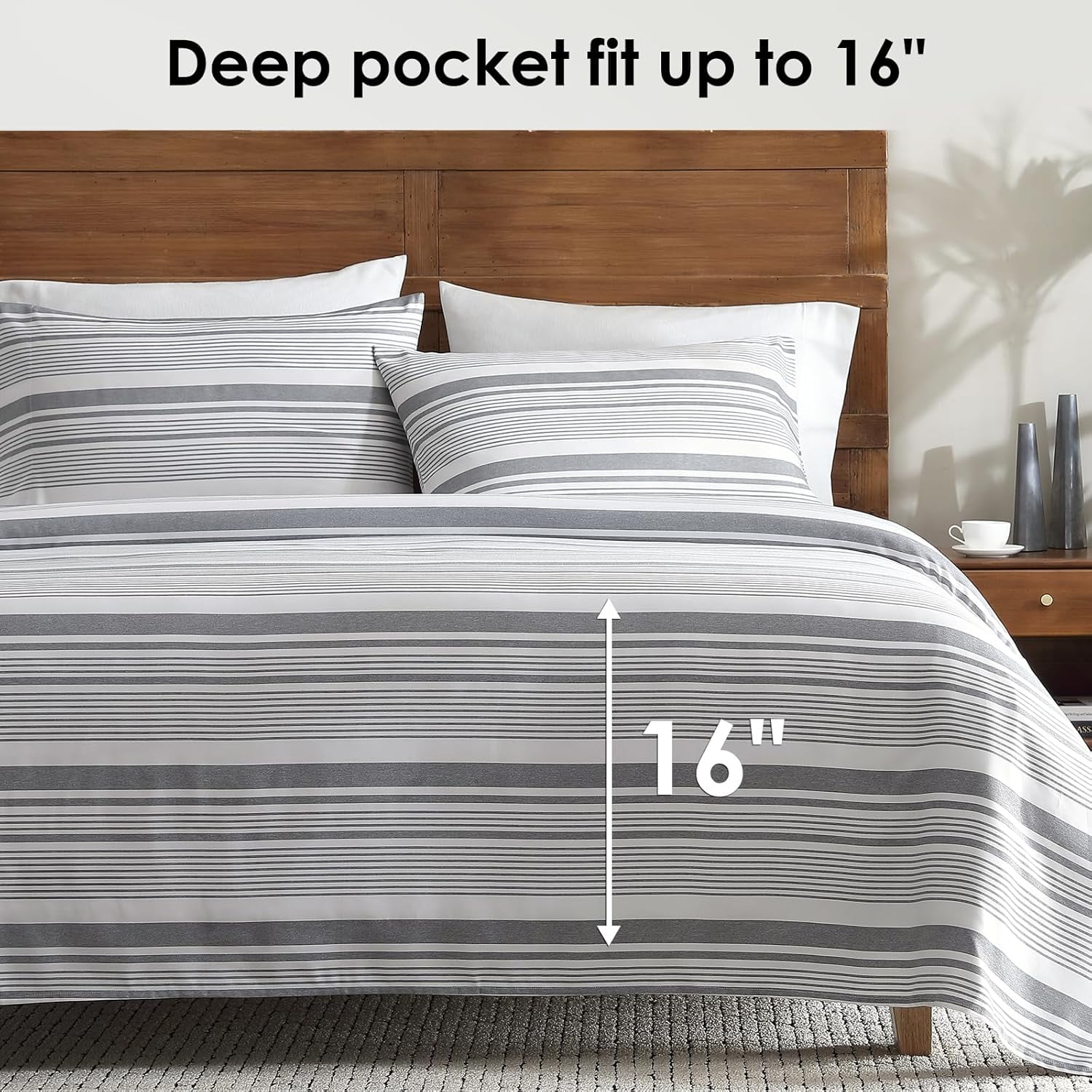 Breathable Luxury Home 3-Piece Twin Microfiber Classic Stripe Bed Sheet Set, Super Soft, Breathable Stripe Bedding with 16 inches Deep ... - Premium Ultra-Soft Pillowcase Pair for Sleeping Detail
