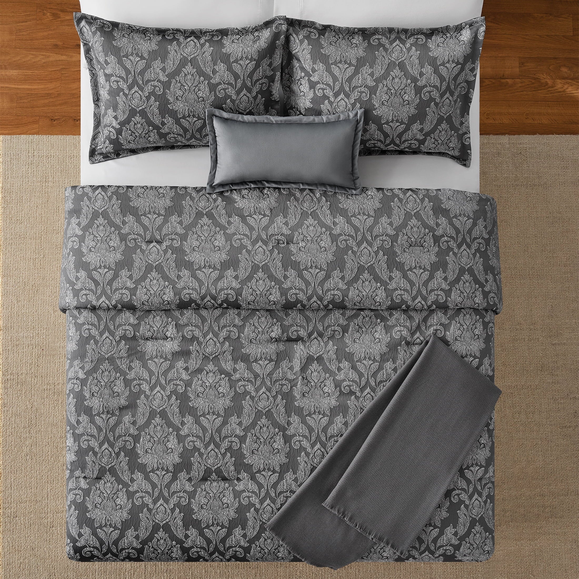 All-Season Full/Queen Comforter Set, All-Season, 5-Piece, Grey Jacquard Damask - Luxurious Quilted Duvet Cover Set Detail
