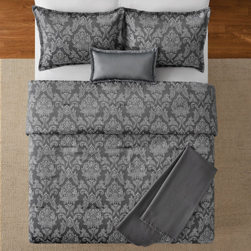 All-Season Full/Queen Comforter Set, All-Season, 5-Piece, Grey Jacquard Damask - Luxurious Quilted Duvet Cover Set Detail