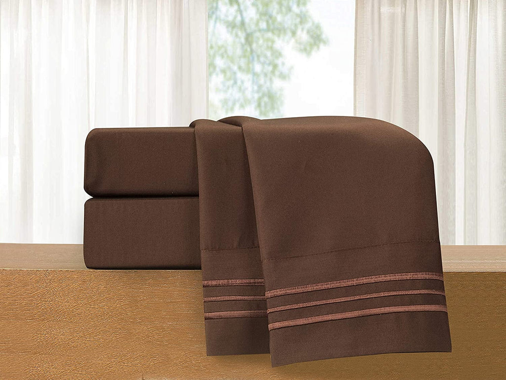 Ultra-Soft 1500 Series Microfiber Bed Sheets 4-Piece Set, Deep Pocket, Twin/Twin XL Chocolate Brown - Breathable Egyptian Cotton Flat & Fitted Sheets Detail