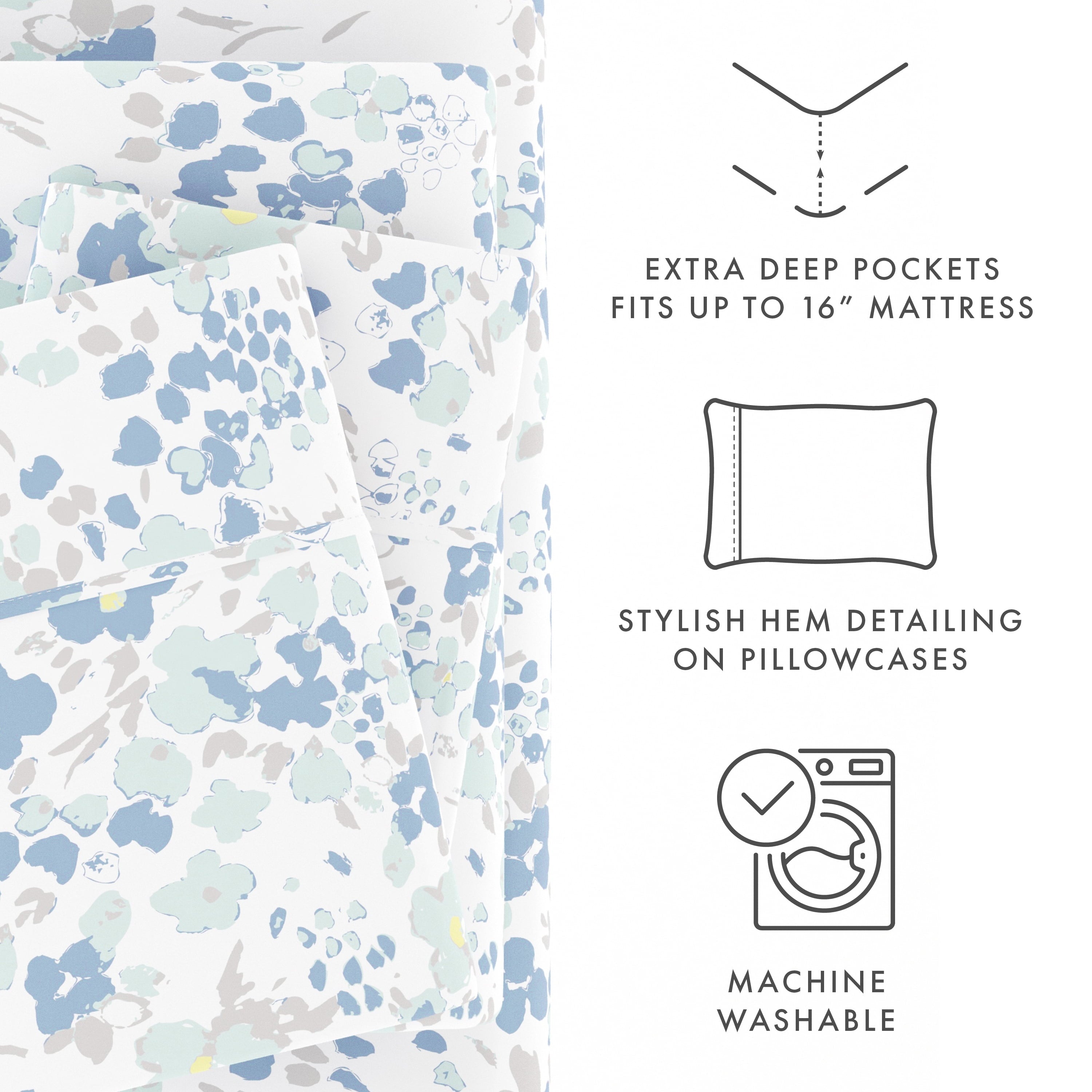 Breathable Luxury 4 Piece Pattern Microfiber Bed Sheets Set, Light Blue Violets, Full - Breathable Egyptian Cotton Flat & Fitted Sheets Detail