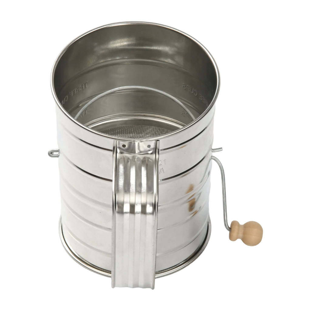 Ergonomic Manual Stainless Steel 3 Cup Flour Hand-Crank Sifter with Beechwood Handle Silver - Innovative Kitchen Helper for Modern Cooking Detail