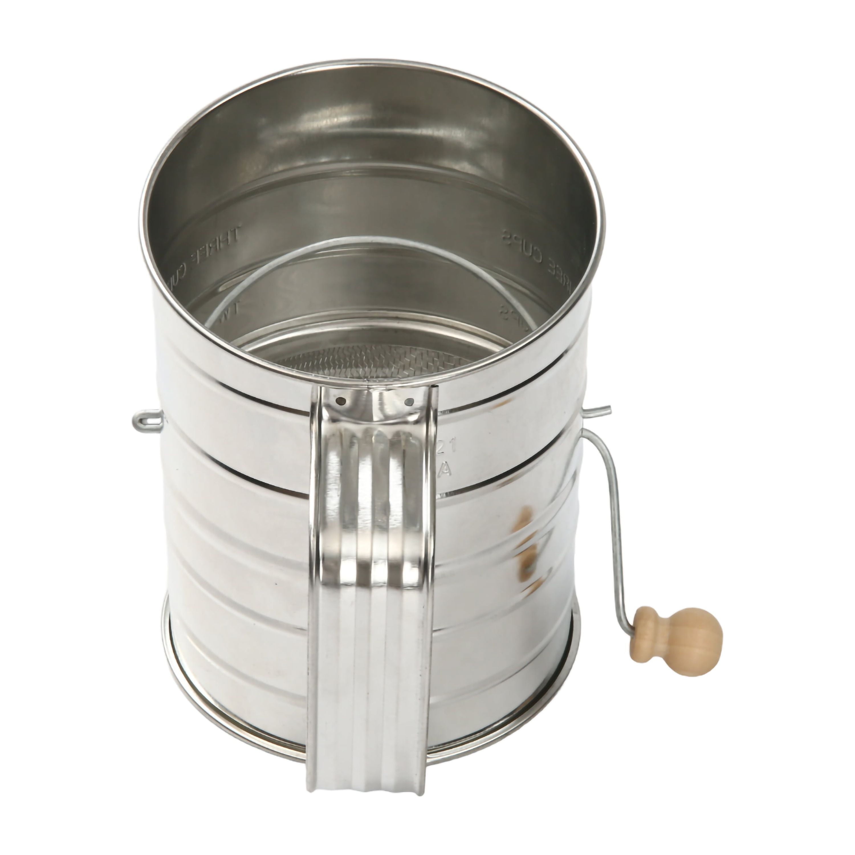 Ergonomic Manual Stainless Steel 3 Cup Flour Hand-Crank Sifter with Beechwood Handle Silver - Innovative Kitchen Helper for Modern Cooking Detail