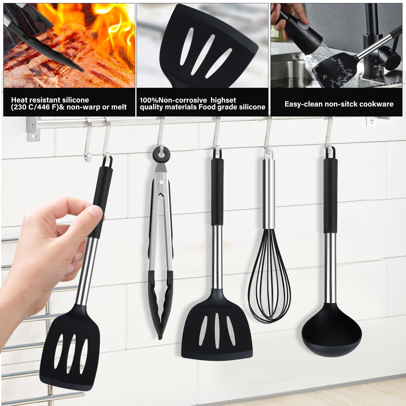 Ergonomic Cooking Silicone Cooking Utensils Set, 26 Pcs, Heat Resistant Kitchen Utensils Set, Black - Ergonomic Kitchen Tongs and Cooking Spoon Utensil Detail